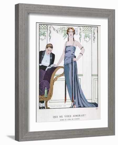 Tubular Grey Evening Gown by Worth with Any Fullness Drawn Over One Hip-Georges Barbier-Framed Photographic Print
