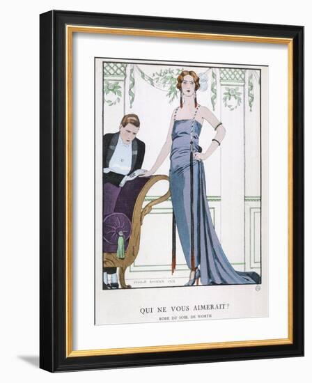 Tubular Grey Evening Gown by Worth with Any Fullness Drawn Over One Hip-Georges Barbier-Framed Photographic Print