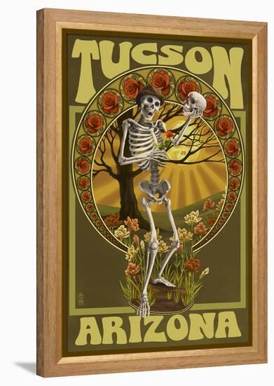 Tucson, Arizona - Day of the Dead - Skeleton Holding Sugar Skull-Lantern Press-Framed Stretched Canvas