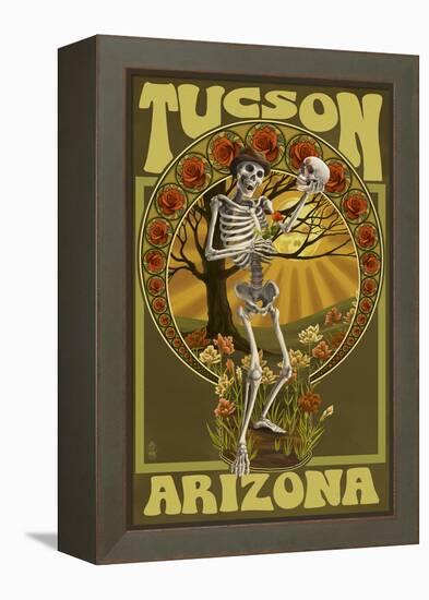 Tucson, Arizona - Day of the Dead - Skeleton Holding Sugar Skull-Lantern Press-Framed Stretched Canvas