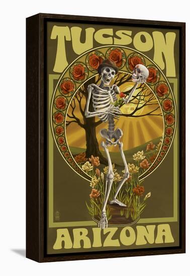 Tucson, Arizona - Day of the Dead - Skeleton Holding Sugar Skull-Lantern Press-Framed Stretched Canvas