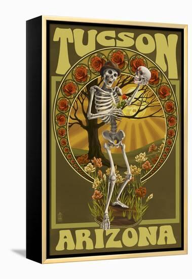 Tucson, Arizona - Day of the Dead - Skeleton Holding Sugar Skull-Lantern Press-Framed Stretched Canvas