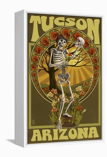 Tucson, Arizona - Day of the Dead - Skeleton Holding Sugar Skull-Lantern Press-Framed Stretched Canvas