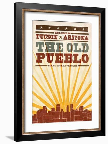 Tucson, Arizona - Skyline and Sunburst Screenprint Style-Lantern Press-Framed Art Print