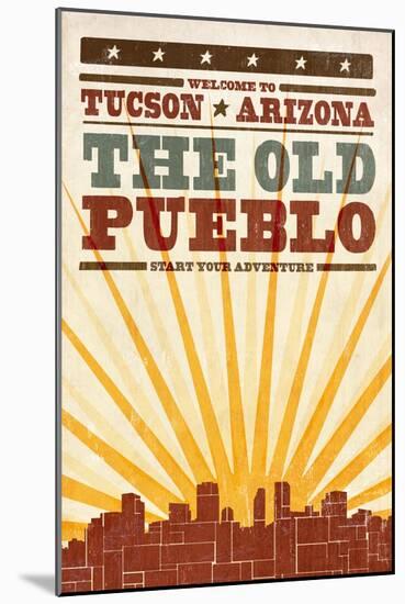 Tucson, Arizona - Skyline and Sunburst Screenprint Style-Lantern Press-Mounted Art Print