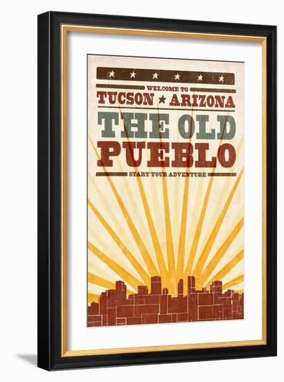 Tucson, Arizona - Skyline and Sunburst Screenprint Style-Lantern Press-Framed Art Print