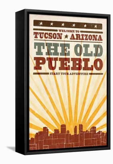 Tucson, Arizona - Skyline and Sunburst Screenprint Style-Lantern Press-Framed Stretched Canvas