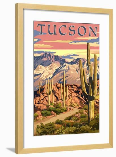 Tucson, Arizona Sunset Desert Scene-Lantern Press-Framed Art Print