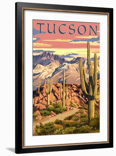 Tucson, Arizona Sunset Desert Scene-Lantern Press-Framed Art Print