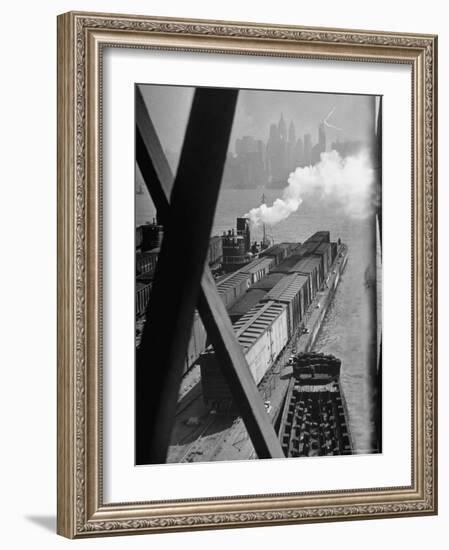 Tug Boats Muscling Barges Loaded with Lehigh Valley Railroad Freight Cars from New York City-Andreas Feininger-Framed Photographic Print