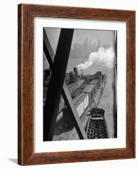 Tug Boats Muscling Barges Loaded with Lehigh Valley Railroad Freight Cars from New York City-Andreas Feininger-Framed Photographic Print