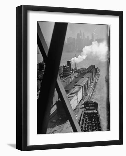 Tug Boats Muscling Barges Loaded with Lehigh Valley Railroad Freight Cars from New York City-Andreas Feininger-Framed Photographic Print