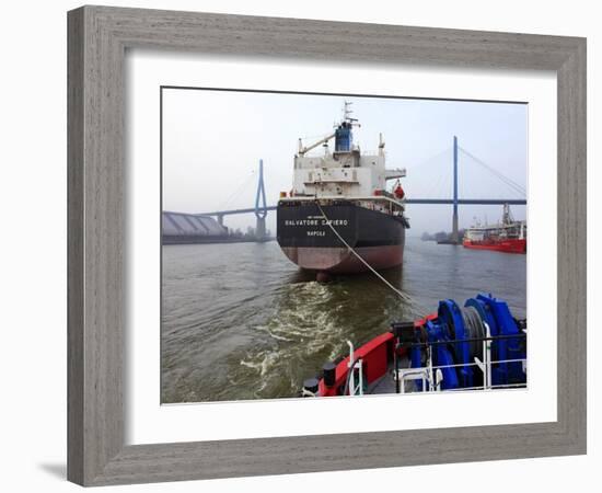 Tugboat and Freighter in Harbour, Hamburg Seaport, Germany, Europe-Hans Peter Merten-Framed Photographic Print