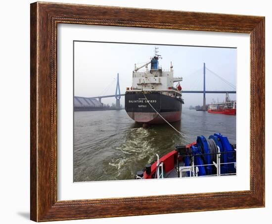 Tugboat and Freighter in Harbour, Hamburg Seaport, Germany, Europe-Hans Peter Merten-Framed Photographic Print