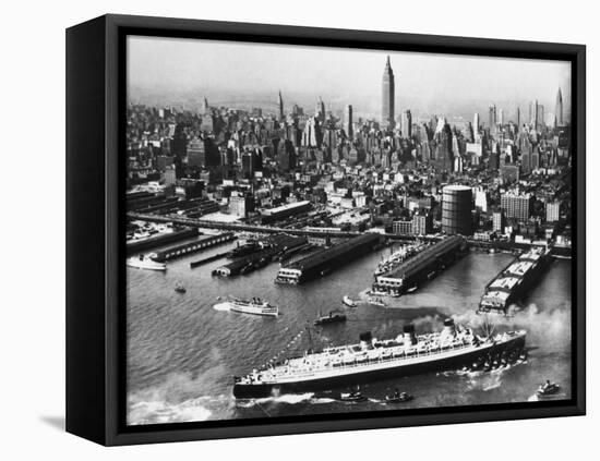 Tugboats Aid Ocean SS Queen Mary While Docking at 51st Street Pier with NYC Skyline in Background-null-Framed Premier Image Canvas