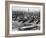 Tugboats Aid Ocean SS Queen Mary While Docking at 51st Street Pier with NYC Skyline in Background-null-Framed Photographic Print