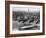 Tugboats Aid Ocean SS Queen Mary While Docking at 51st Street Pier with NYC Skyline in Background-null-Framed Photographic Print