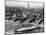 Tugboats Aid Ocean SS Queen Mary While Docking at 51st Street Pier with NYC Skyline in Background-null-Mounted Photographic Print