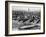 Tugboats Aid Ocean SS Queen Mary While Docking at 51st Street Pier with NYC Skyline in Background-null-Framed Photographic Print