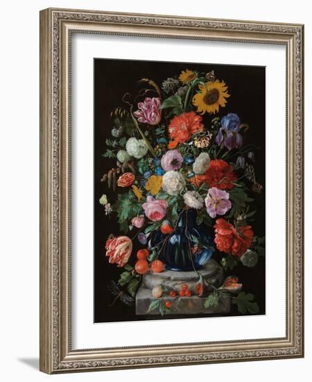 Tulips, a sunflower, an iris and numerous other flowers in a glass vase on marble column base-Jan Davidsz. de Heem-Framed Giclee Print