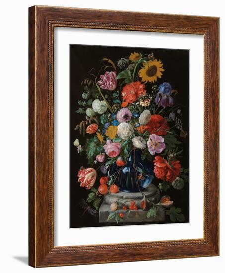 Tulips, a sunflower, an iris and numerous other flowers in a glass vase on marble column base-Jan Davidsz. de Heem-Framed Giclee Print