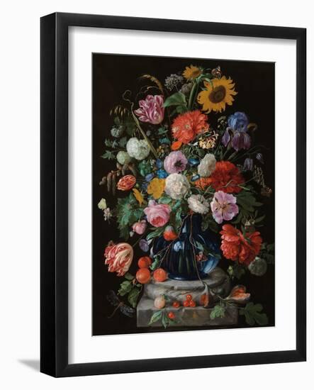 Tulips, a sunflower, an iris and numerous other flowers in a glass vase on marble column base-Jan Davidsz. de Heem-Framed Giclee Print