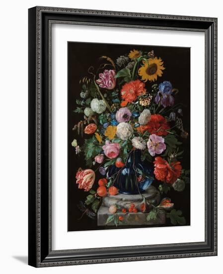 Tulips, a sunflower, an iris and numerous other flowers in a glass vase on marble column base-Jan Davidsz. de Heem-Framed Giclee Print