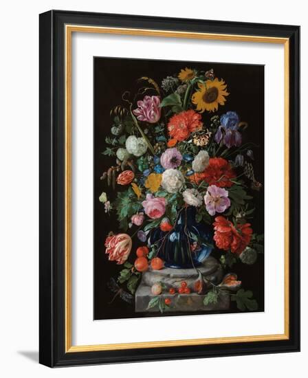 Tulips, a sunflower, an iris and numerous other flowers in a glass vase on marble column base-Jan Davidsz. de Heem-Framed Giclee Print