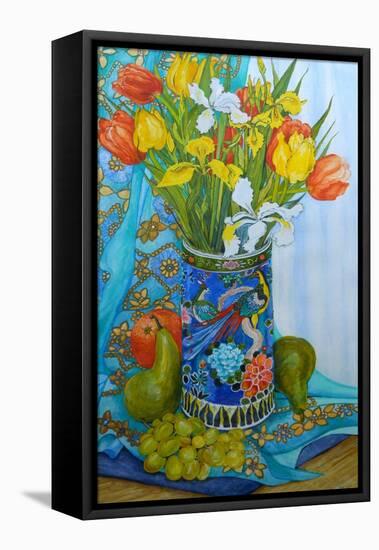 Tulips and Iris in a Japanese Vase, with Fruit and Textiles-Joan Thewsey-Framed Premier Image Canvas