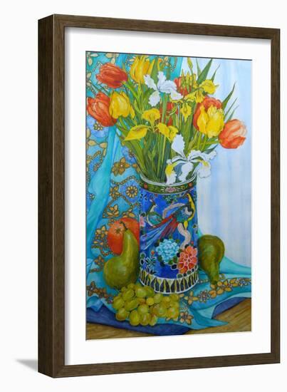 Tulips and Iris in a Japanese Vase, with Fruit and Textiles-Joan Thewsey-Framed Giclee Print