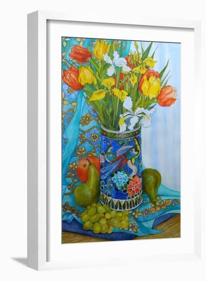 Tulips and Iris in a Japanese Vase, with Fruit and Textiles-Joan Thewsey-Framed Giclee Print