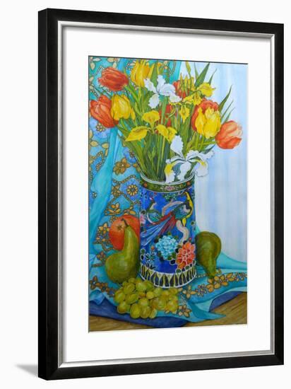 Tulips and Iris in a Japanese Vase, with Fruit and Textiles-Joan Thewsey-Framed Giclee Print