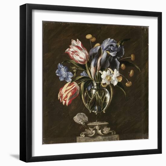 Tulips, Daffodils, Irises and Other Flowers in a Glass Vase on a Sculpted Stand, with a Butterfly-Juan de Arellano-Framed Giclee Print