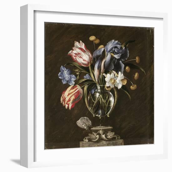 Tulips, Daffodils, Irises and Other Flowers in a Glass Vase on a Sculpted Stand, with a Butterfly-Juan de Arellano-Framed Giclee Print