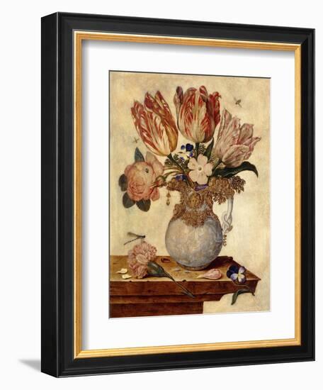 Tulips, Forget-Me-Nots, Peonies and Other Flowers in a Vase on a Ledge-Jan Baptist van Fornenburgh-Framed Giclee Print