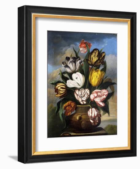 Tulips in a Vase, with a Caterpillar, a Snail, and a Fly, on a Plinth in a Landscape-James Sillett-Framed Giclee Print