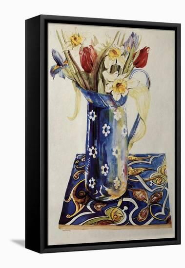Tulips, Iris and Narcissus in a Blue Enamel Jug with an Italian Tile-Joan Thewsey-Framed Premier Image Canvas