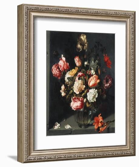 Tulips, Peonies, a Lily, Iris and Other Flowers in a Glass Vase, in a Niche, 1619-Jean-Baptiste-Camille Corot-Framed Giclee Print