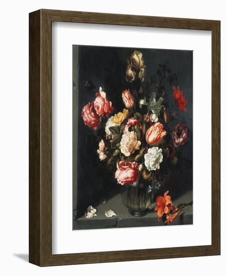 Tulips, Peonies, a Lily, Iris and Other Flowers in a Glass Vase, in a Niche, 1619-Jean-Baptiste-Camille Corot-Framed Giclee Print