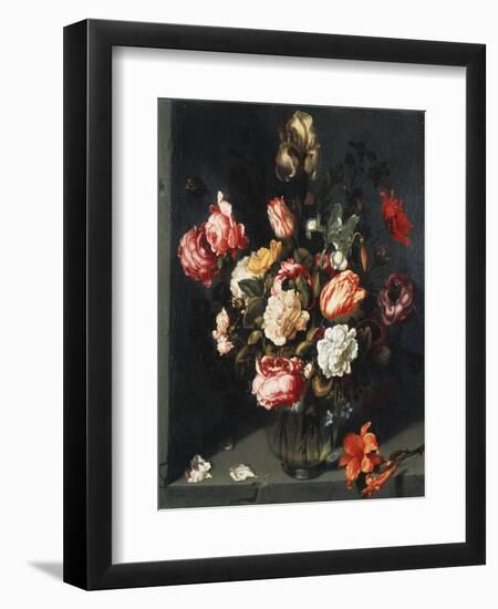 Tulips, Peonies, a Lily, Iris and Other Flowers in a Glass Vase, in a Niche, 1619-Jean-Baptiste-Camille Corot-Framed Giclee Print