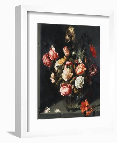 Tulips, Peonies, a Lily, Iris and Other Flowers in a Glass Vase, in a Niche, 1619-Jean-Baptiste-Camille Corot-Framed Giclee Print