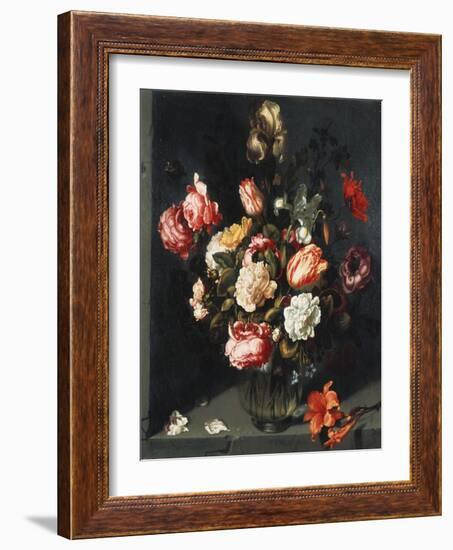 Tulips, Peonies, a Lily, Iris and Other Flowers in a Glass Vase, in a Niche, 1619-Jean-Baptiste-Camille Corot-Framed Giclee Print