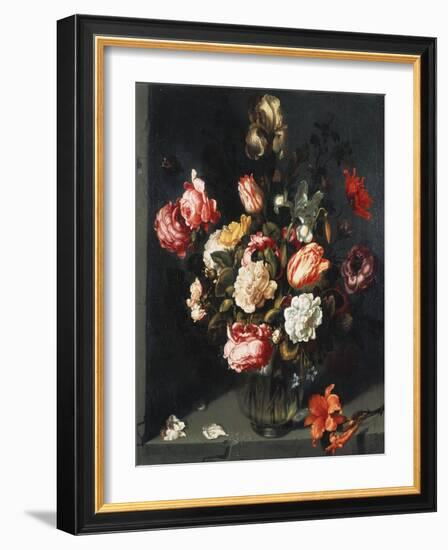 Tulips, Peonies, a Lily, Iris and Other Flowers in a Glass Vase, in a Niche, 1619-Jean-Baptiste-Camille Corot-Framed Giclee Print