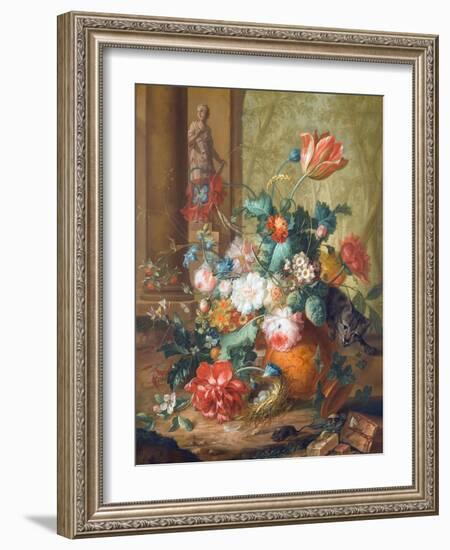 Tulips, Roses and Other Flowers in a Classical Urn Overturned by a Cat Chasing a Mouse-Johannes Christianus Roedig-Framed Giclee Print