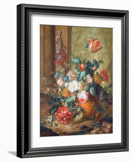 Tulips, Roses and Other Flowers in a Classical Urn Overturned by a Cat Chasing a Mouse-Johannes Christianus Roedig-Framed Giclee Print