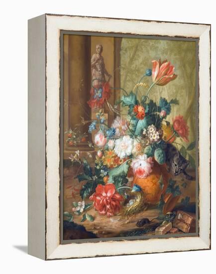 Tulips, Roses and Other Flowers in a Classical Urn Overturned by a Cat Chasing a Mouse-Johannes Christianus Roedig-Framed Premier Image Canvas