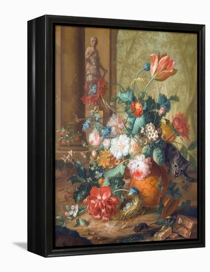 Tulips, Roses and Other Flowers in a Classical Urn Overturned by a Cat Chasing a Mouse-Johannes Christianus Roedig-Framed Premier Image Canvas