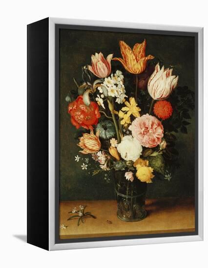 Tulips, Roses and Other Flowers in a Glass Vase-Balthasar van der Ast-Framed Premier Image Canvas
