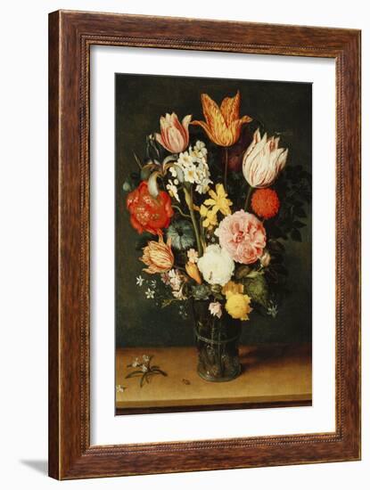 Tulips, Roses and Other Flowers in a Glass Vase-Hendrik Avercamp-Framed Giclee Print