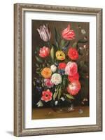 Tulips, Roses, Anemones in a Glass Vase with Butterflies and a Caterpillar-Jan van, the Elder Kessel-Framed Giclee Print